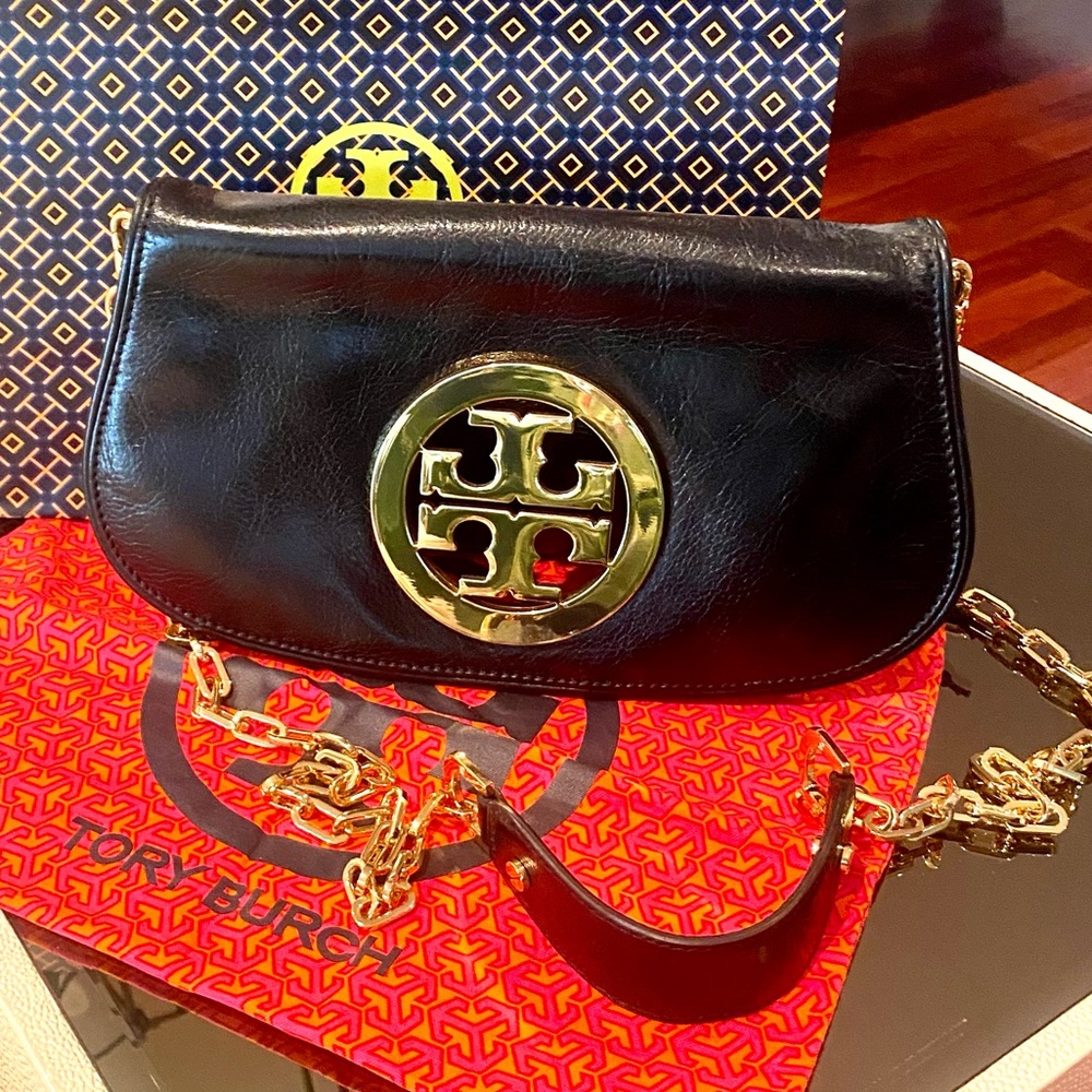 Tory Burch black leather gold hardware Reva cross body shoulder bag clutch